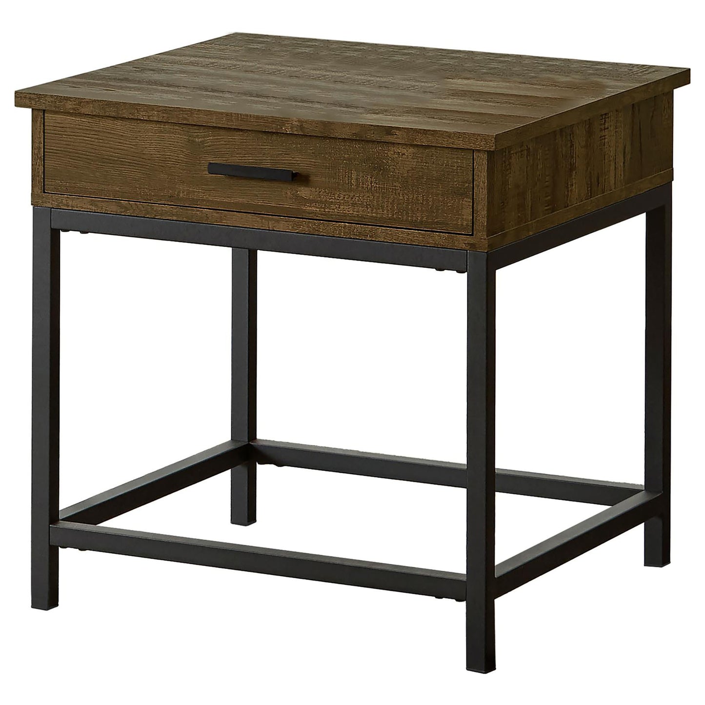 Rustic brown wood grain end table with black metal frame and drawer