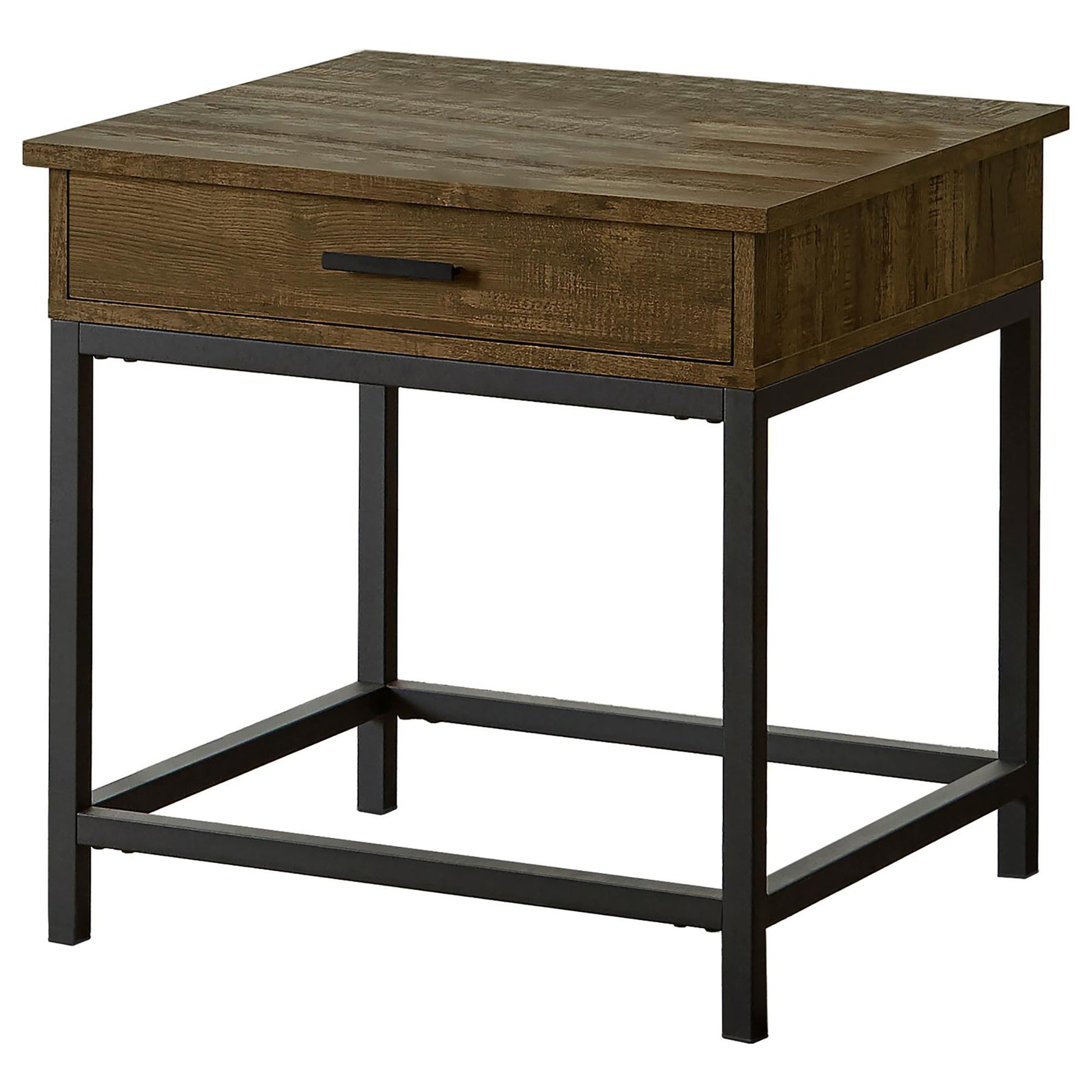 Rustic brown wood grain end table with black metal frame and drawer