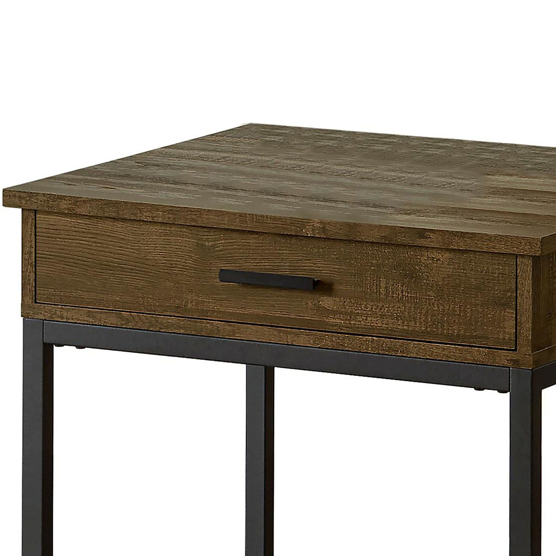 Rustic oak wood end table with a single drawer and black metal frame perfect for living rooms