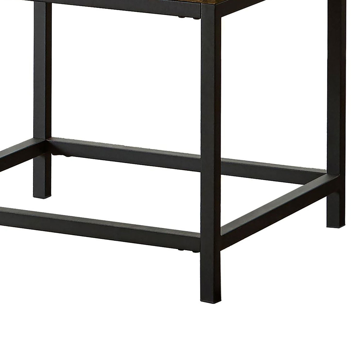 Closeup of industrial style black metal table legs and frame showcasing sturdy construction