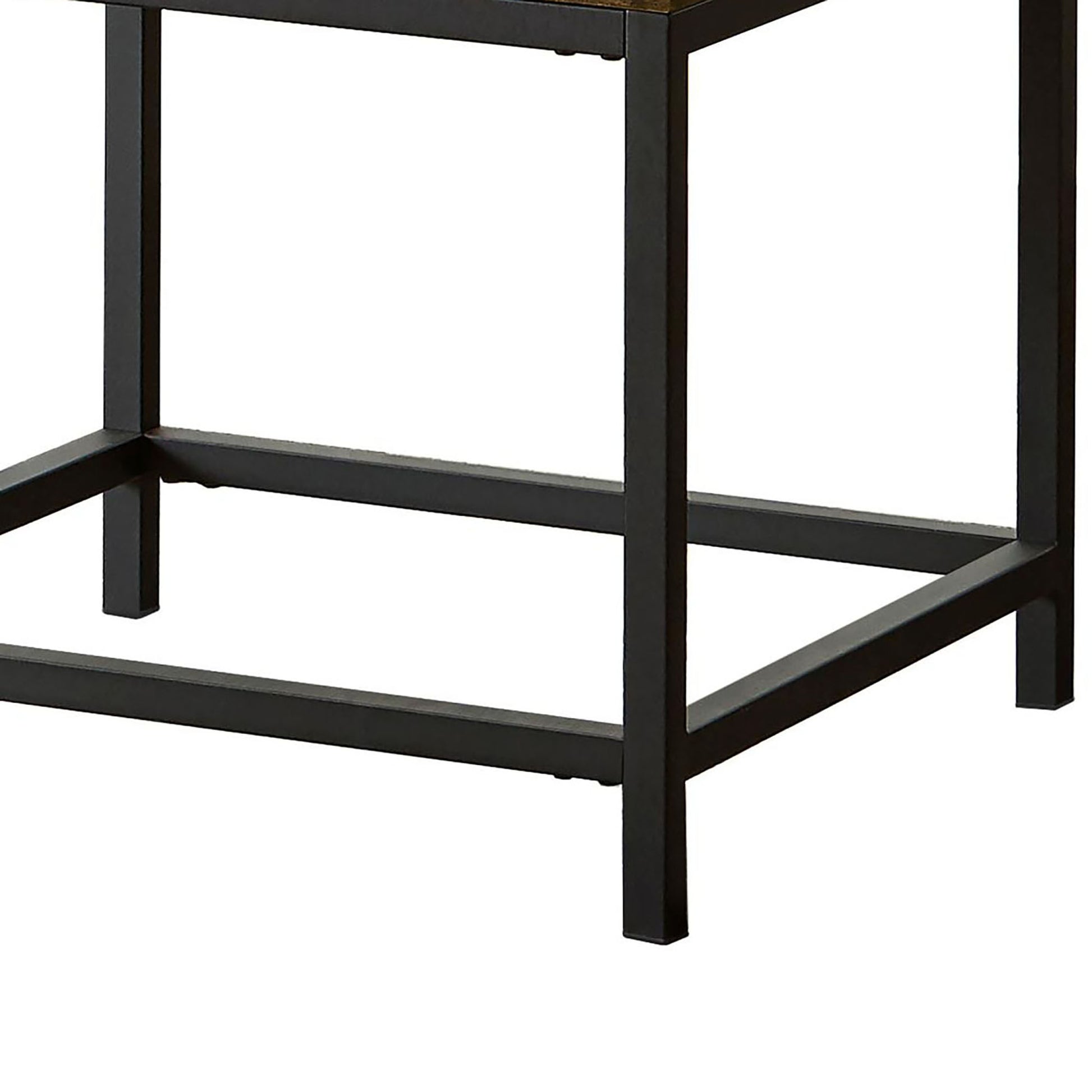 Closeup of industrial style black metal table legs and frame showcasing sturdy construction