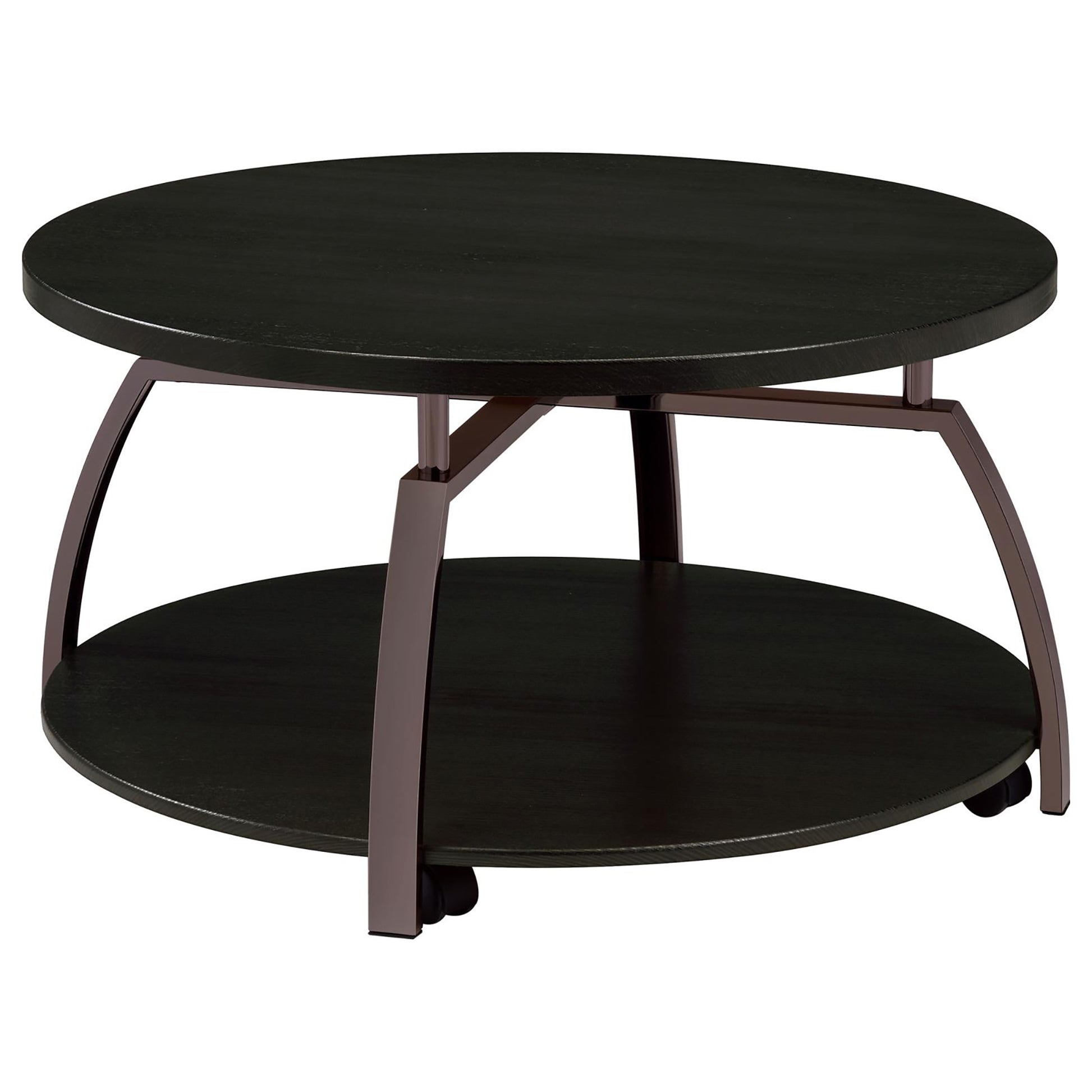 Round dark wood coffee table with lower shelf and metal legs