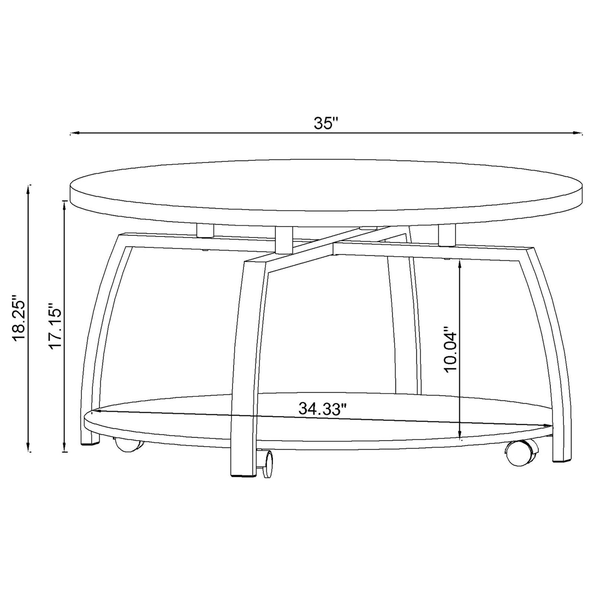 Line drawing of a modern round coffee table with metal frame inch diameter