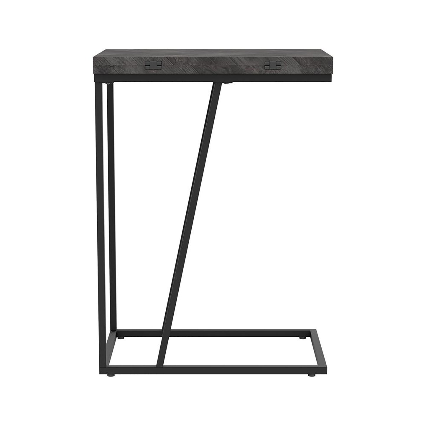 Modern Ctable with dark wood top and black metal frame perfect for living rooms
