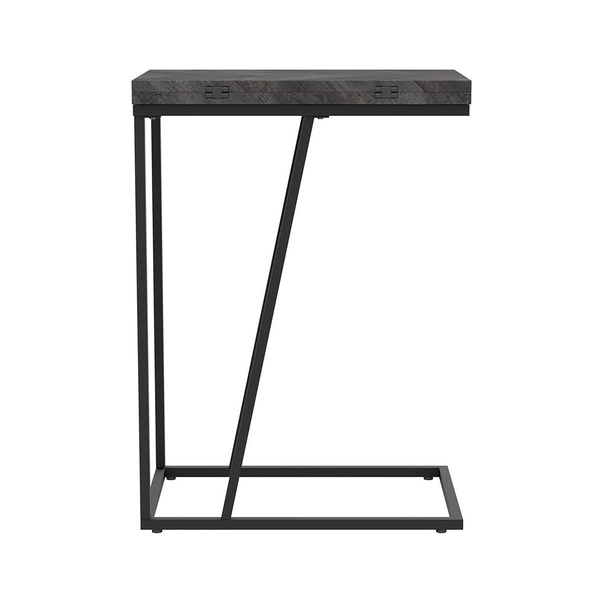 Modern Ctable with dark wood top and black metal frame perfect for living rooms