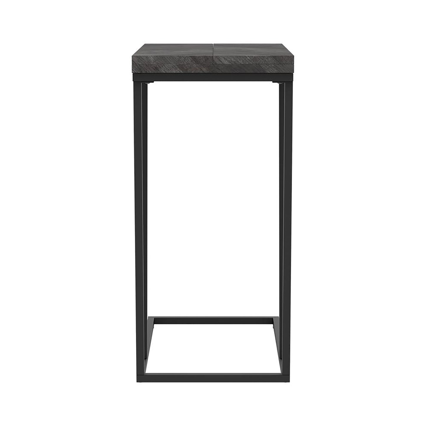 Modern end table with dark grey wood top and black metal frame