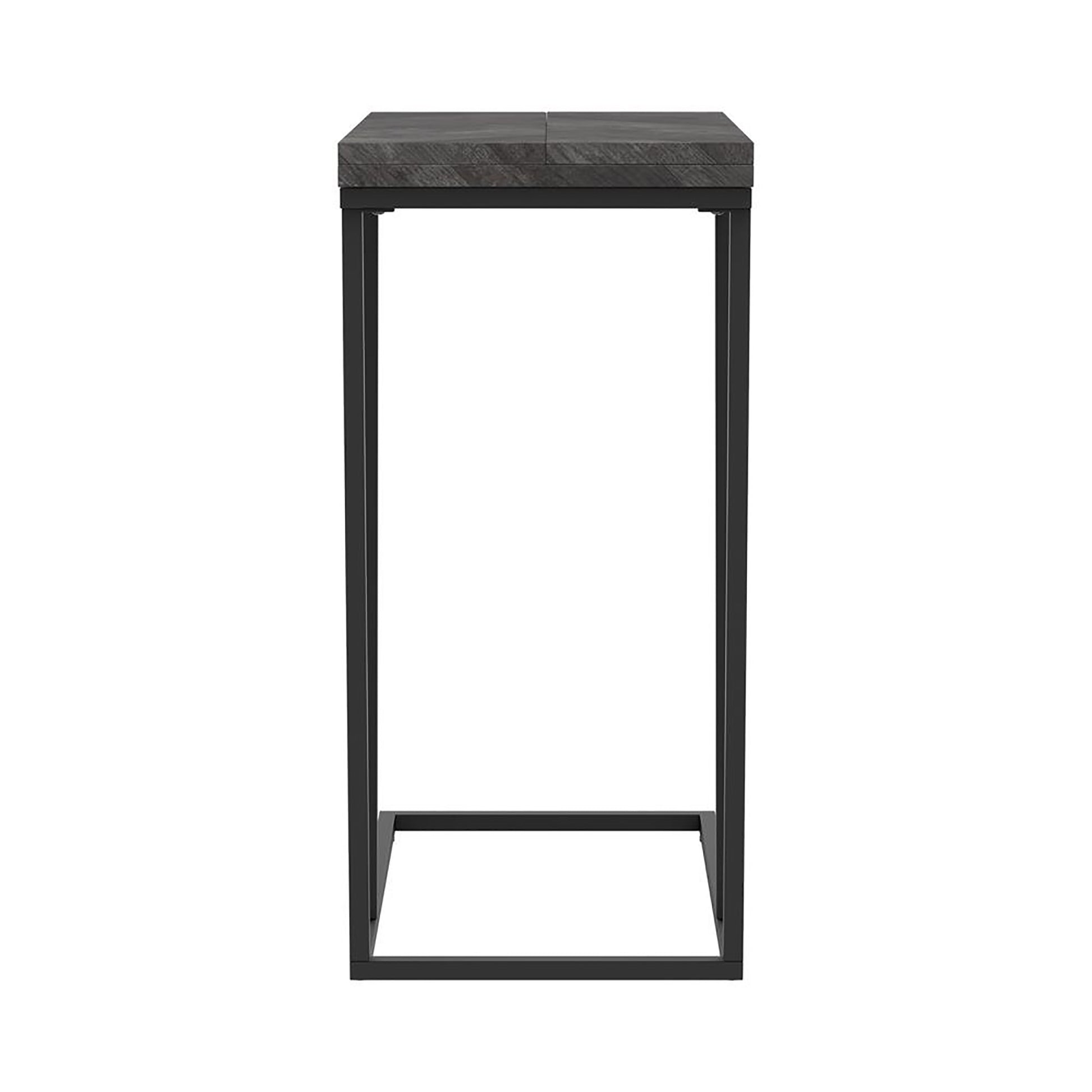 Modern end table with dark grey wood top and black metal frame