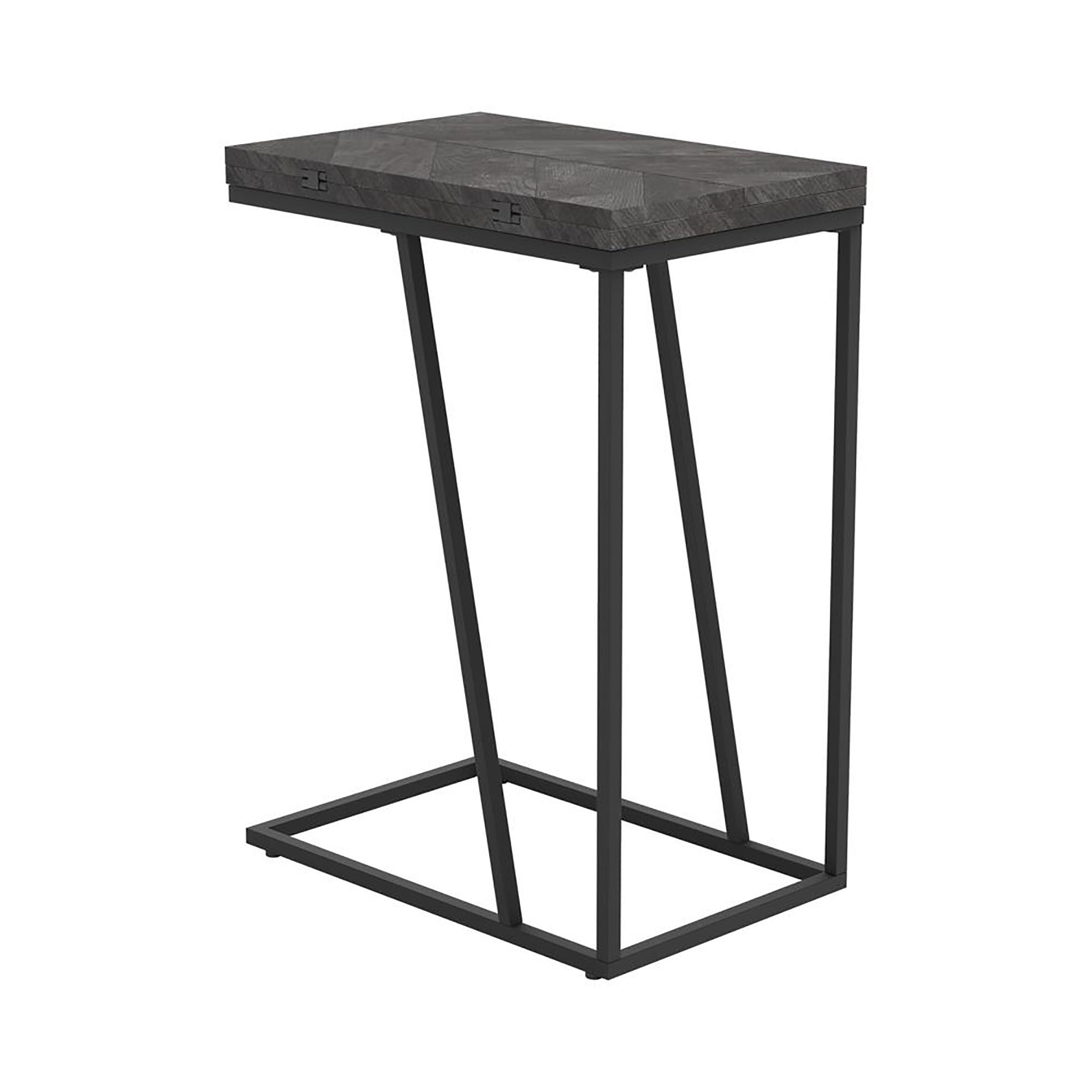 Modern Ctable with distressed dark wood top and matte black metal frame