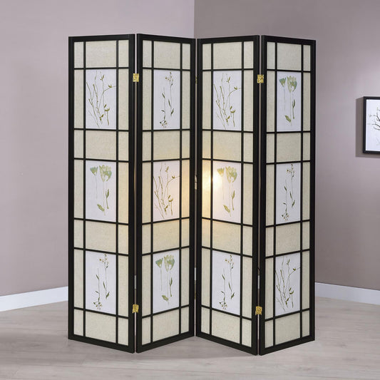 Fourpanel black wood screen divider with floral botanical prints and beige fabric inserts