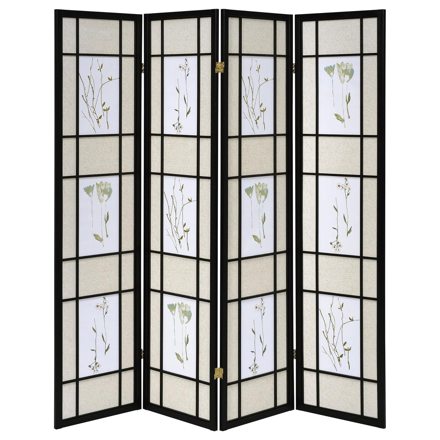 Fourpanel black wood room divider with beige linen fabric and botanical prints