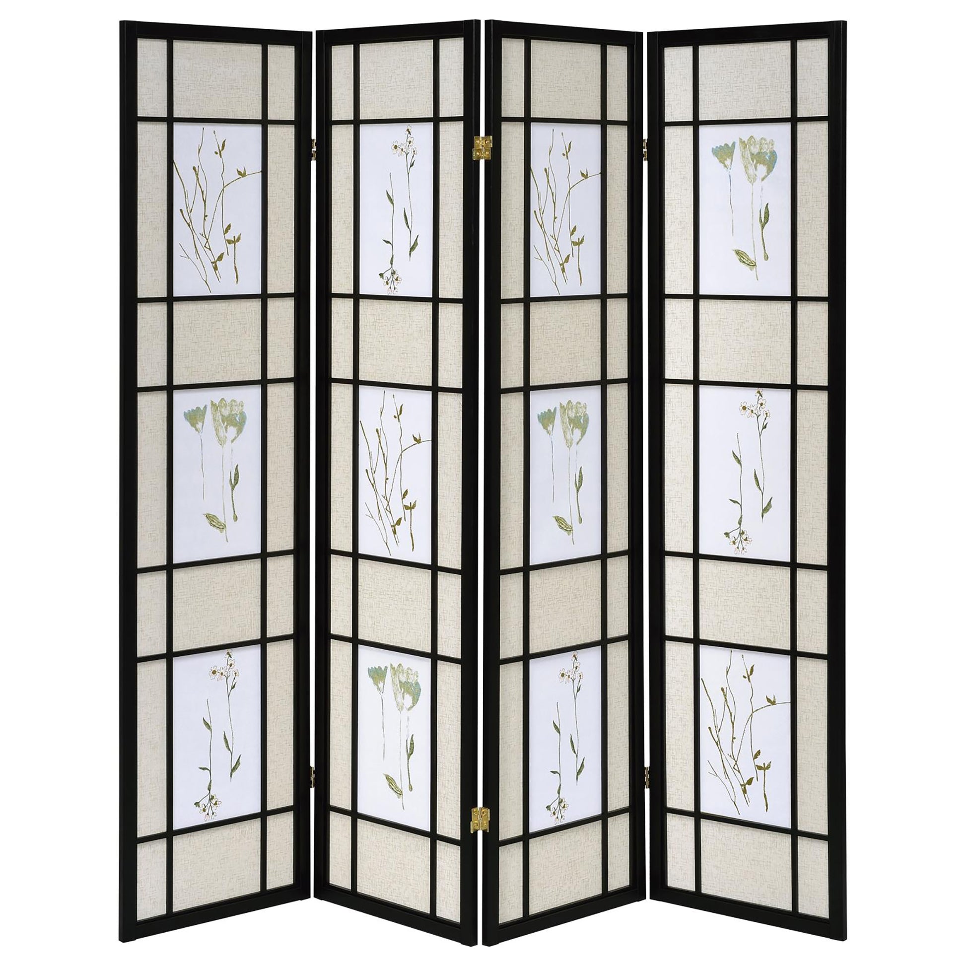 Fourpanel black wood room divider with beige linen fabric and botanical prints