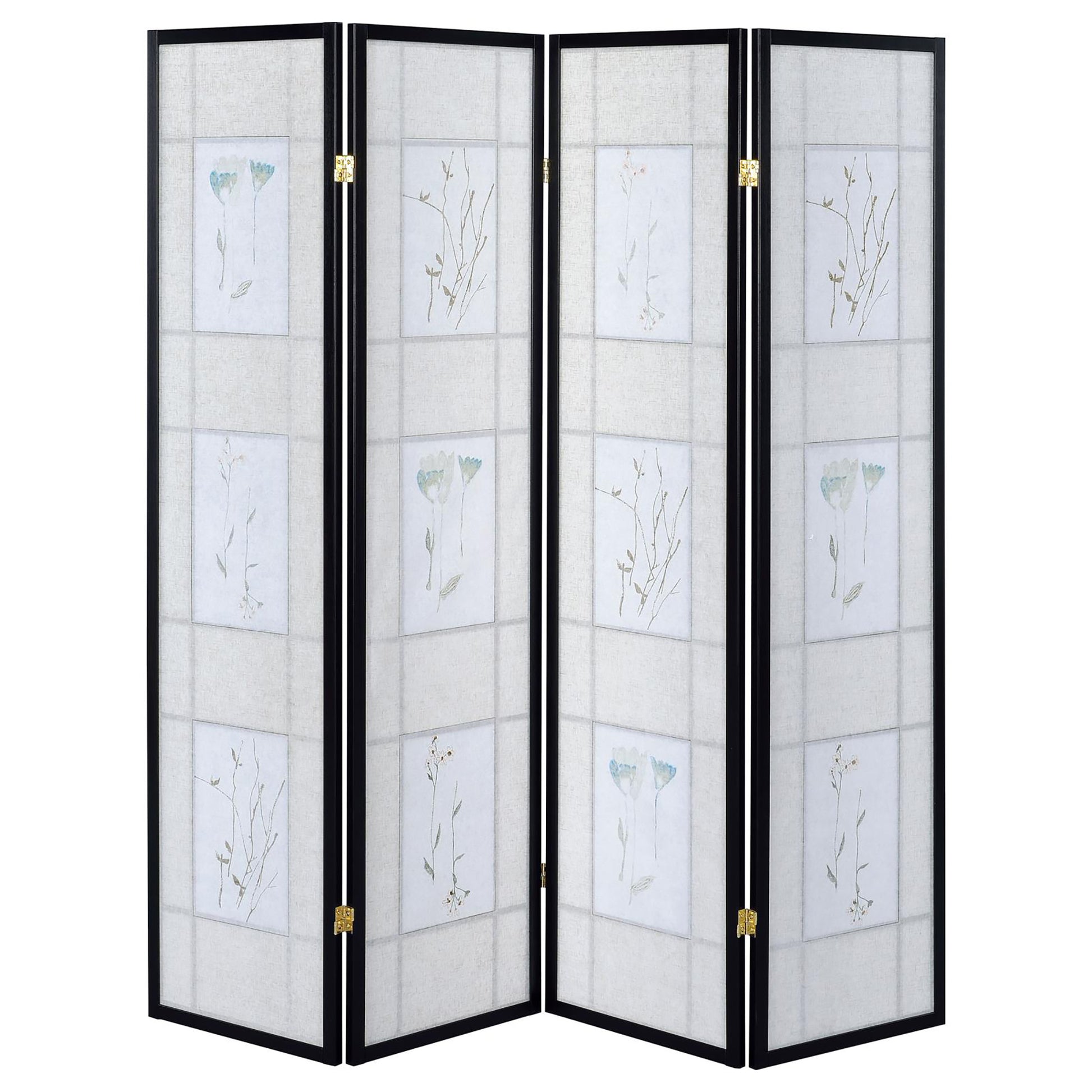 Fourpanel room divider with delicate floral prints on textured fabric screens