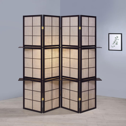 Fourpanel black wood room divider with woven beige inserts and shelves