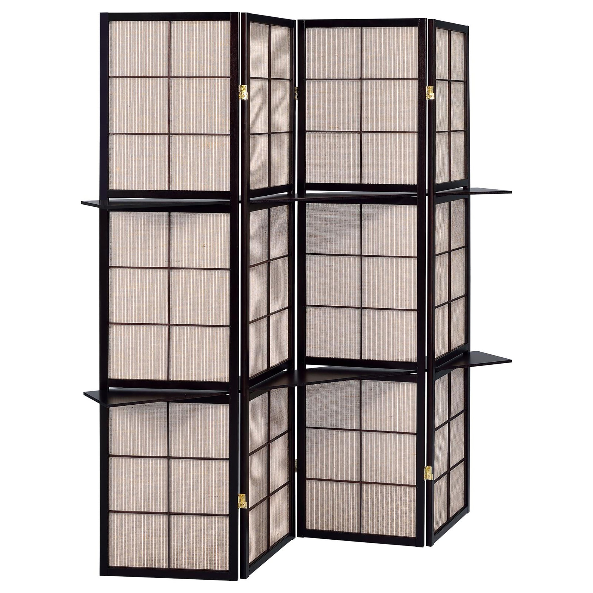 Dark wood room divider with natural fiber panels and integrated shelves ideal for partition