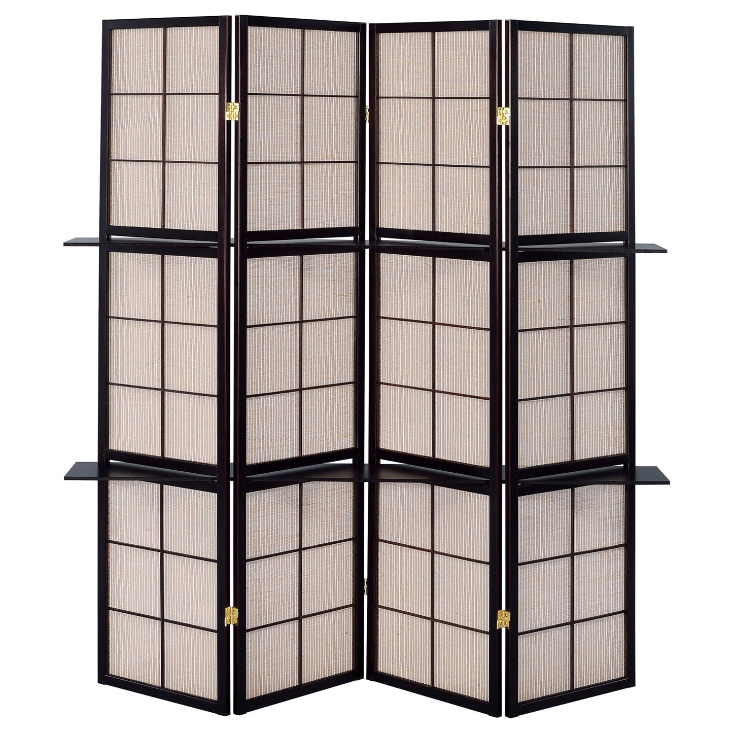 Dark wood panel room divider with woven beige inserts and gold hinges
