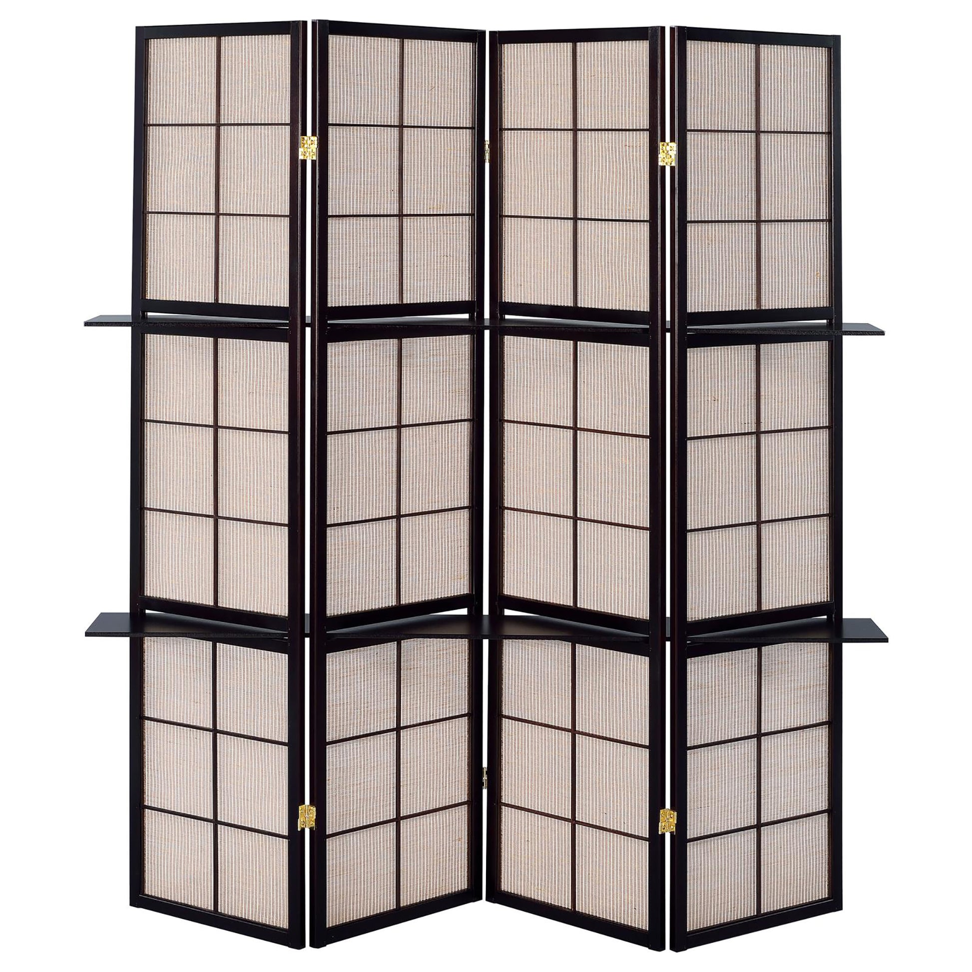 Dark wood panel room divider with woven beige inserts and gold hinges