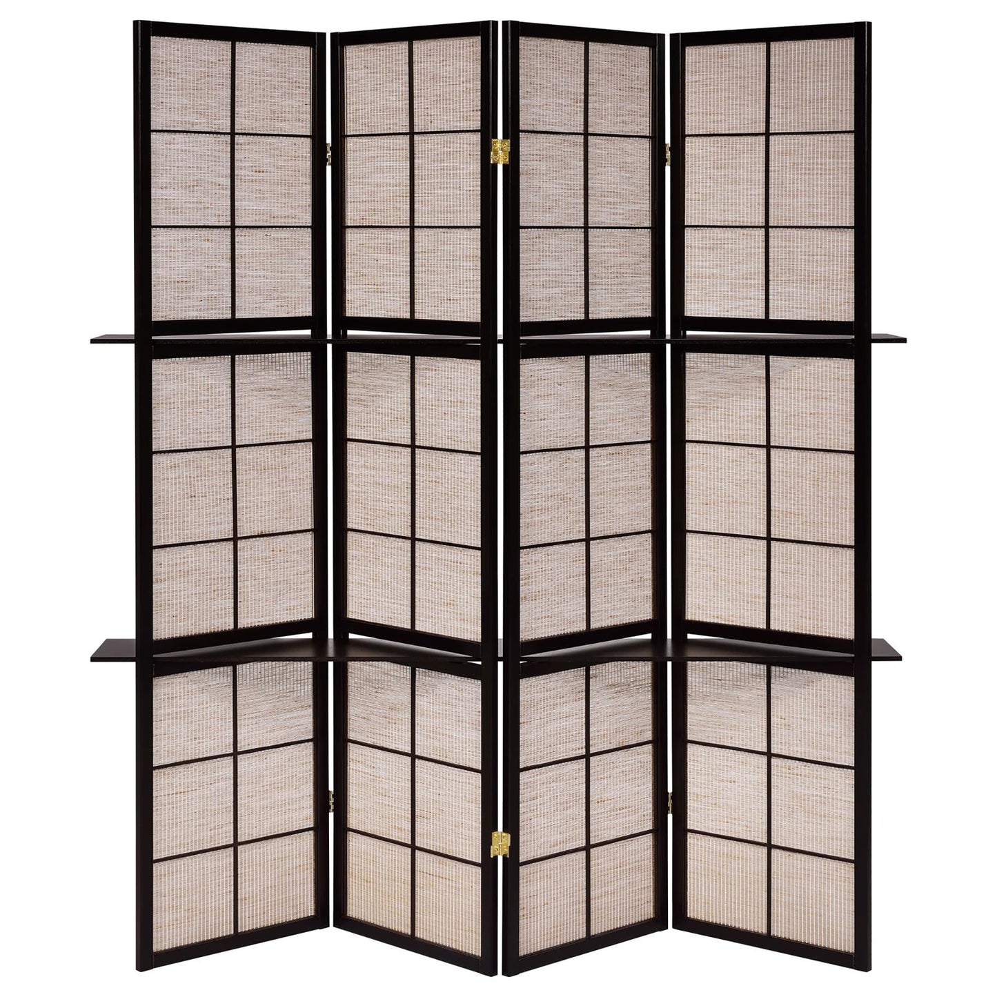 Dark wood panel room divider with woven cane inserts and integrated shelves