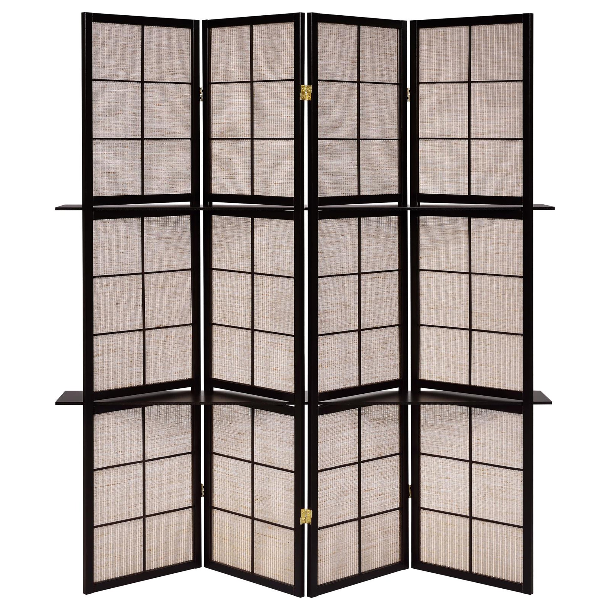 Dark wood panel room divider with woven cane inserts and integrated shelves