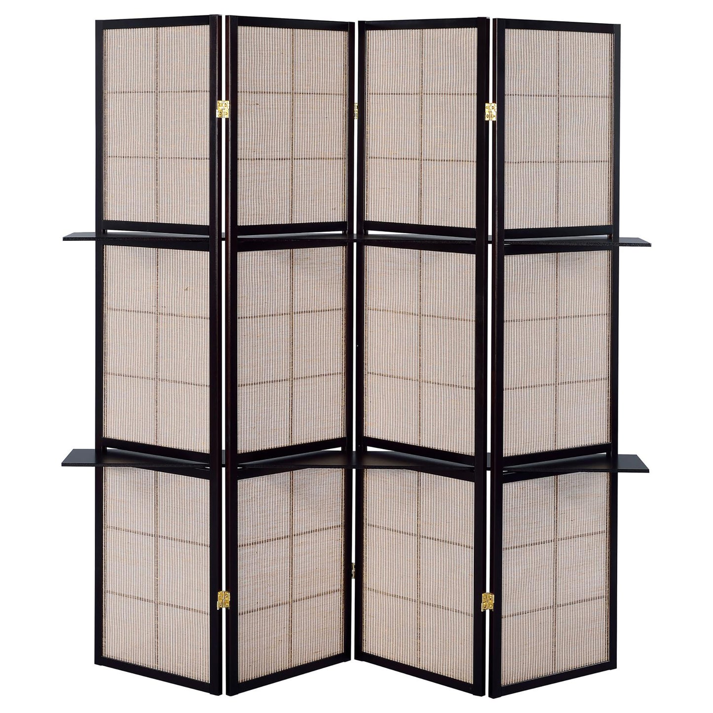 Dark wood panel room divider with textured tan fabric inserts and builtin shelves