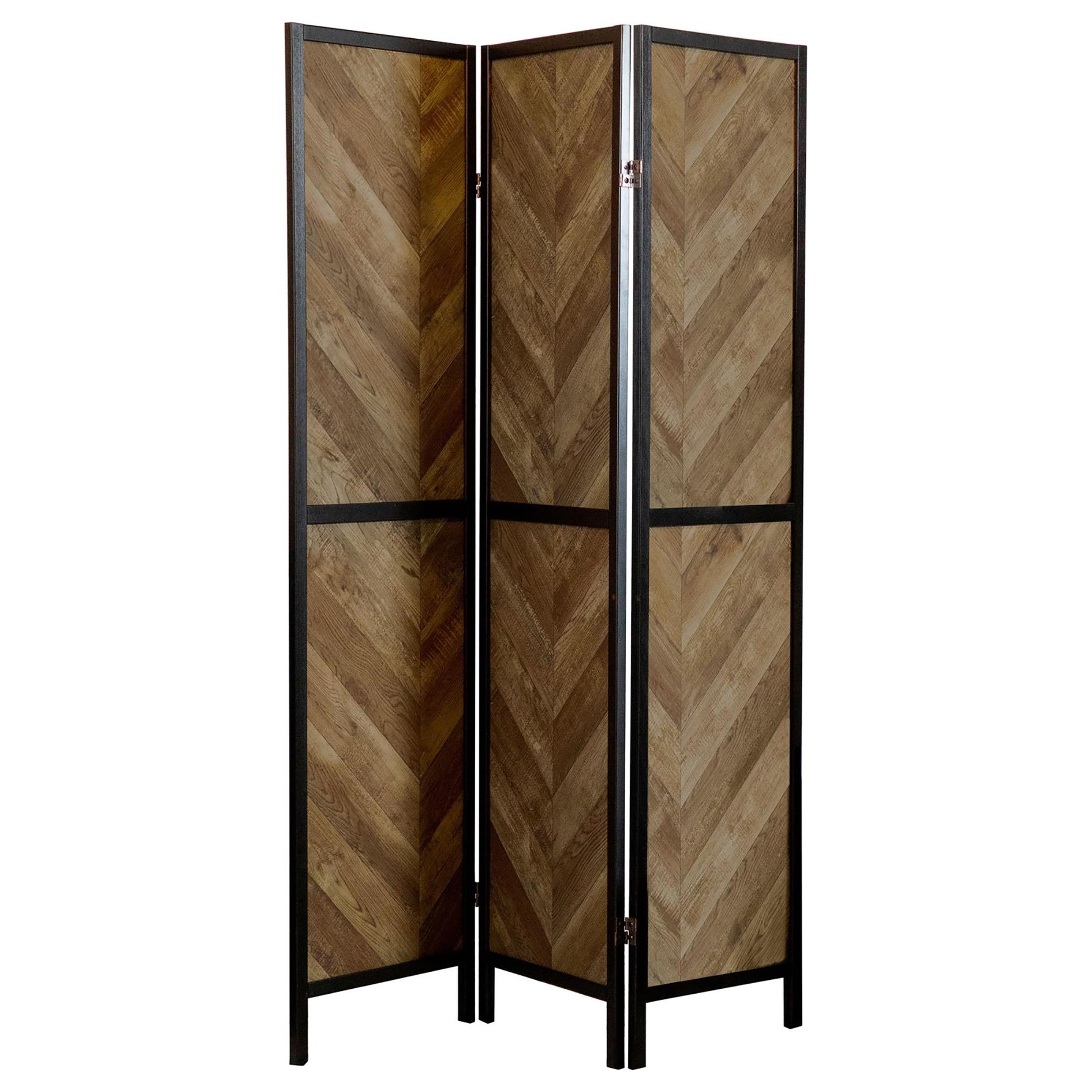 Threepanel room divider with rustic wood grain chevron pattern and black metal frame