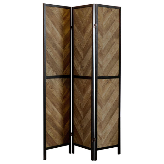 Threepanel room divider with rustic wood grain chevron pattern and black metal frame