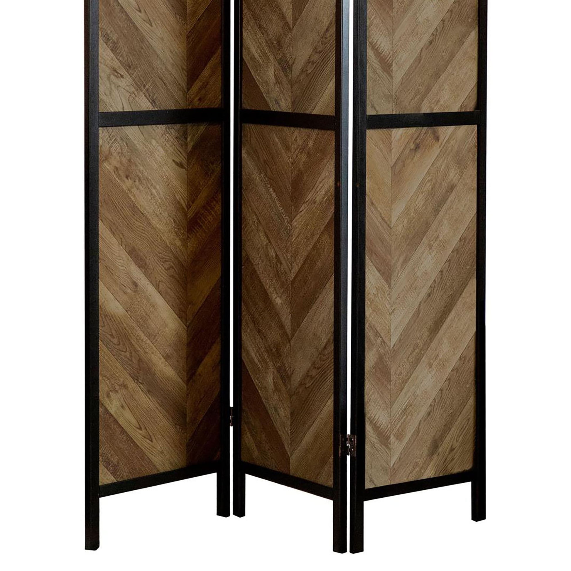 Rustic wooden room divider with herringbone pattern and black metal frame