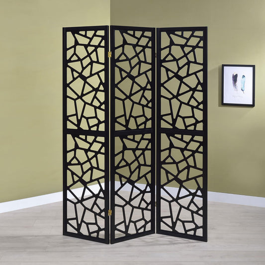 Black panel room divider with abstract geometric cutouts perfect for creating privacy