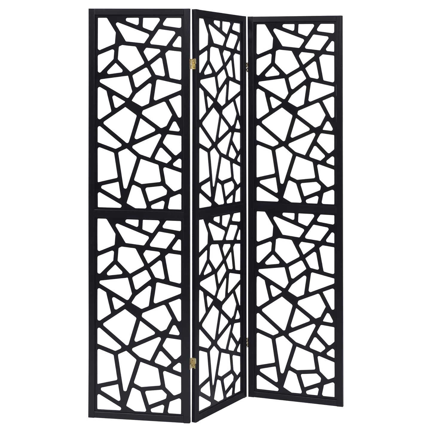 Black panel room divider with an abstract geometric cutout design