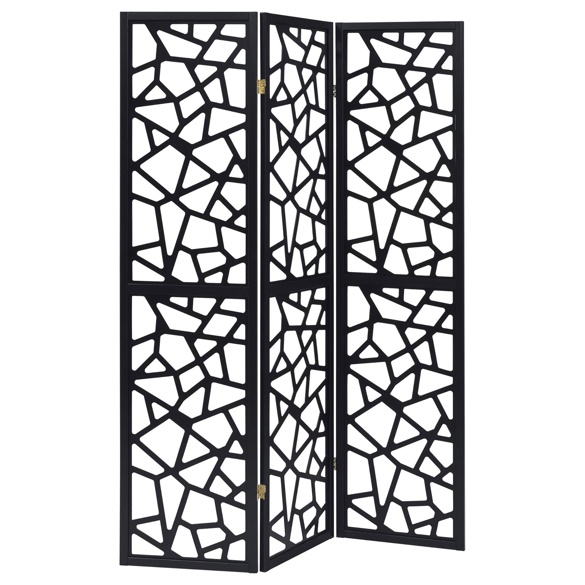 Black panel room divider with an abstract geometric cutout design