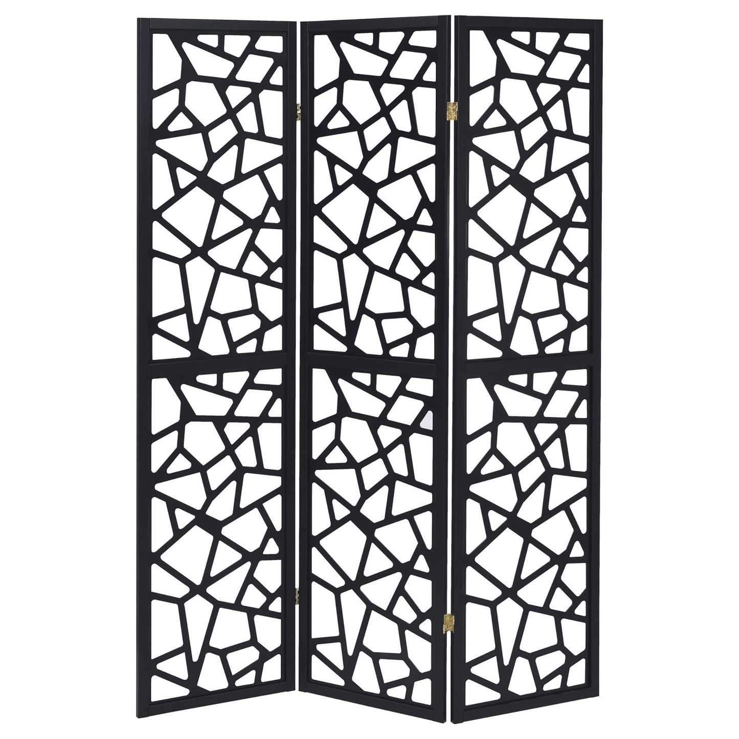 Black threepanel room divider with abstract geometric cutouts ideal for decorative space partitioning
