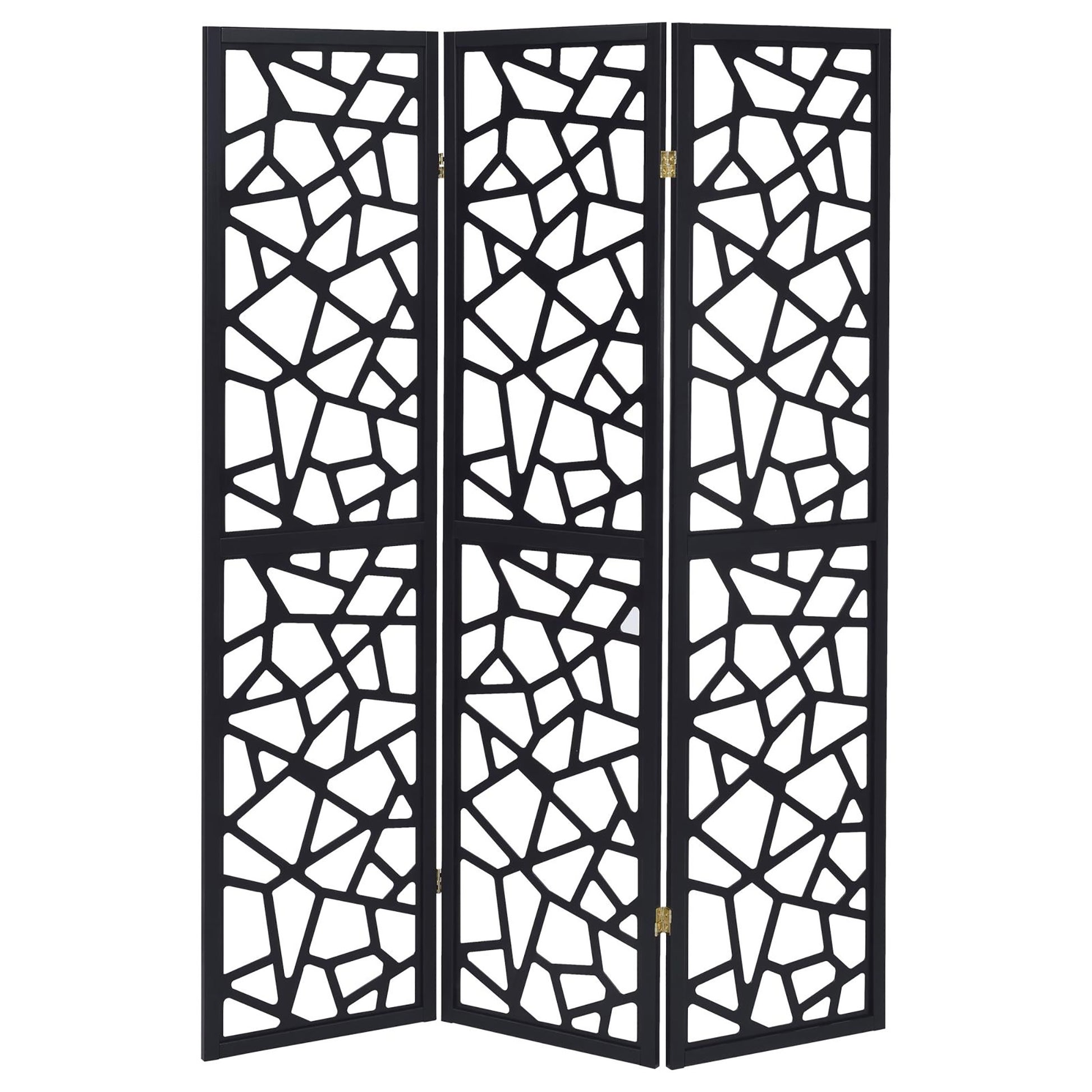 Black threepanel room divider with abstract geometric cutouts ideal for decorative space partitioning