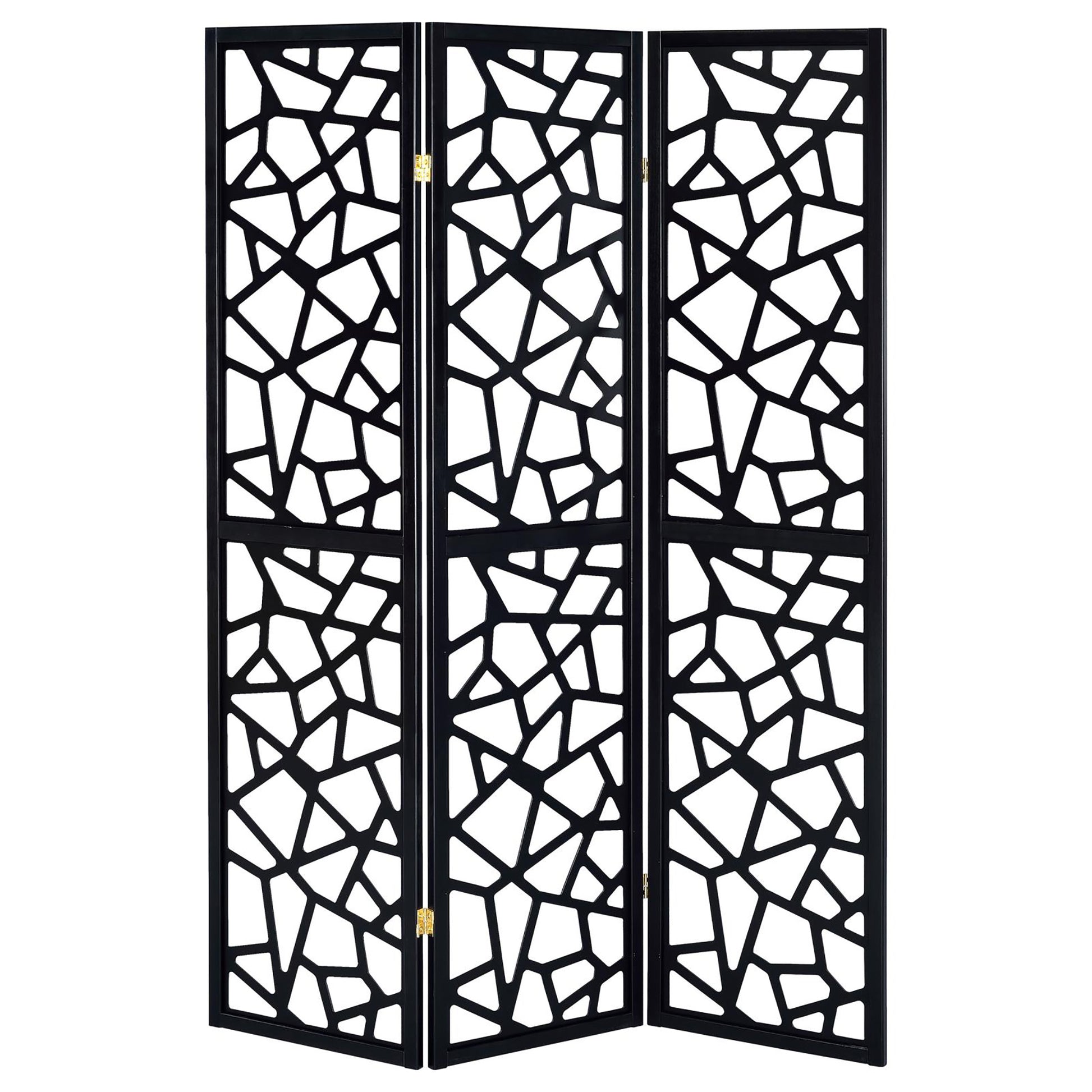 Black panel room divider with abstract geometric cutout design modern home decor