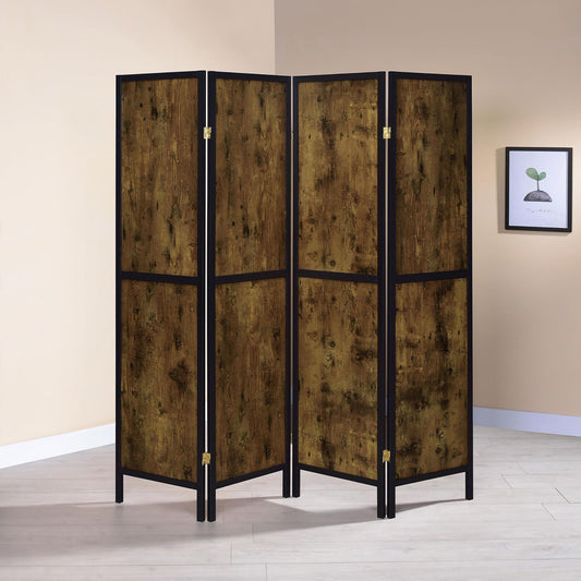 Rustic brown wood panel room divider with black metal frame ideal for home or office