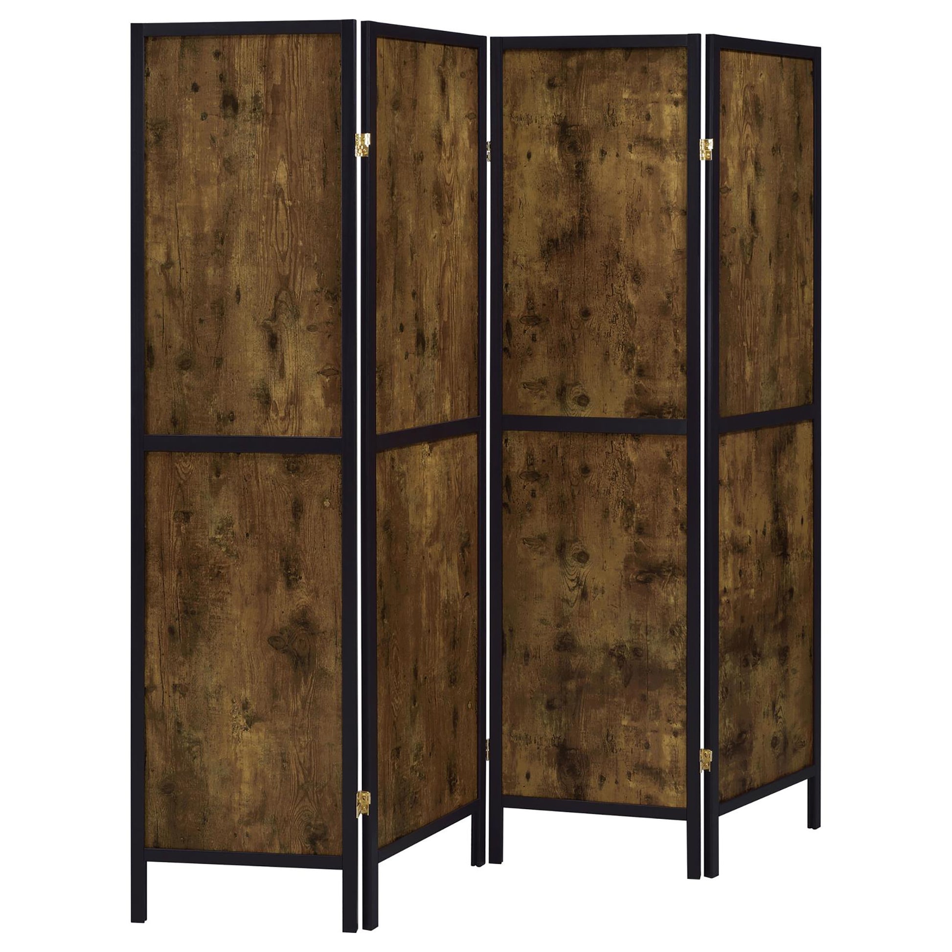 Rustic fourpanel room divider with wood grain texture and black metal frame