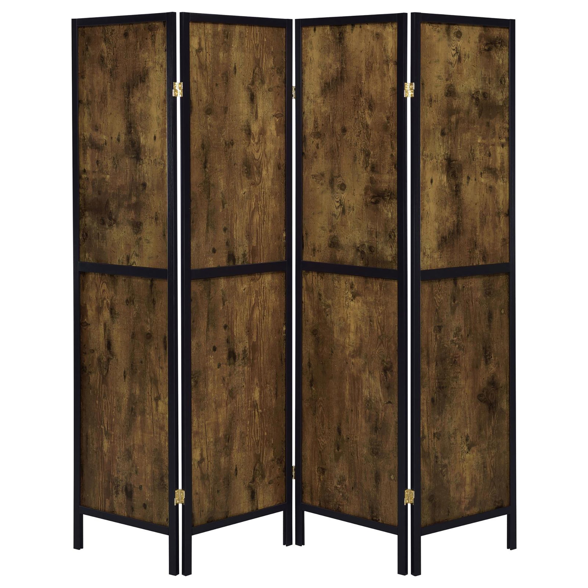 Fourpanel room divider with rustic woodgrain finish and black metal frame