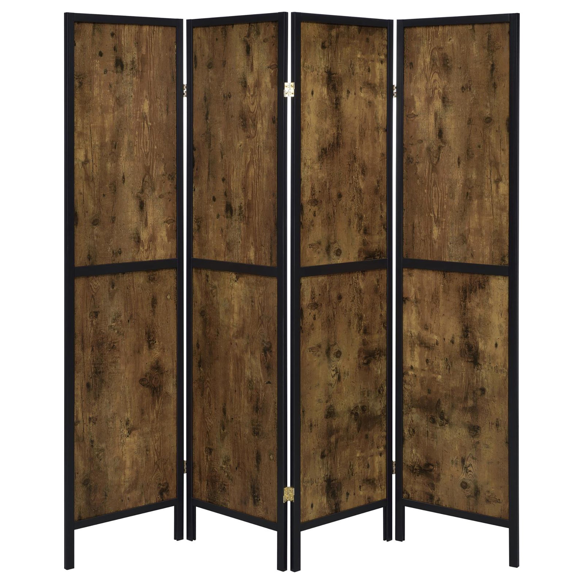Rustic wood panel room divider with black metal frame perfect for creating privacy