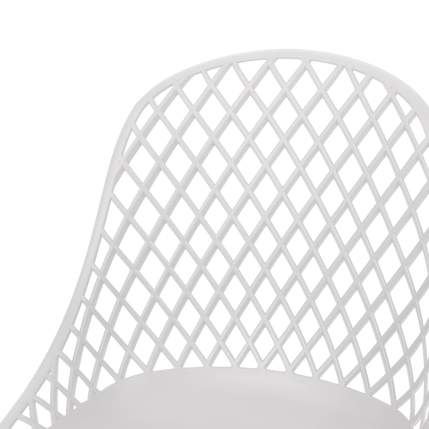 Closeup of a modern white plastic chair with a diamond lattice back design and smooth seat