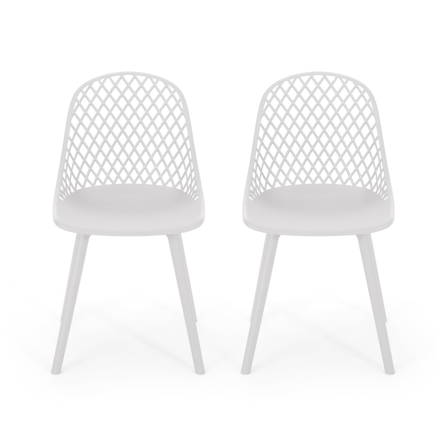 Two modern white plastic dining chairs with diamond lattice backs and tapered legs