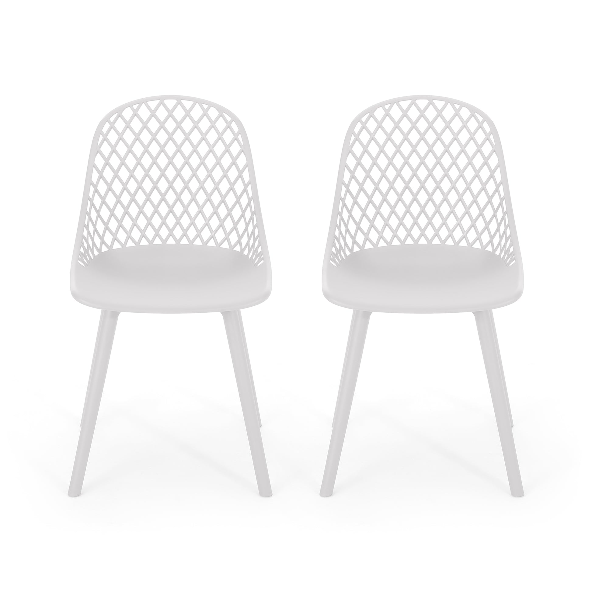 Two modern white plastic dining chairs with diamond lattice backs and tapered legs