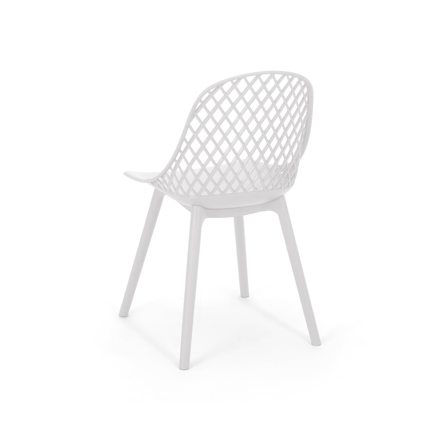 Modern white plastic dining chair with open lattice back design and tapered legs