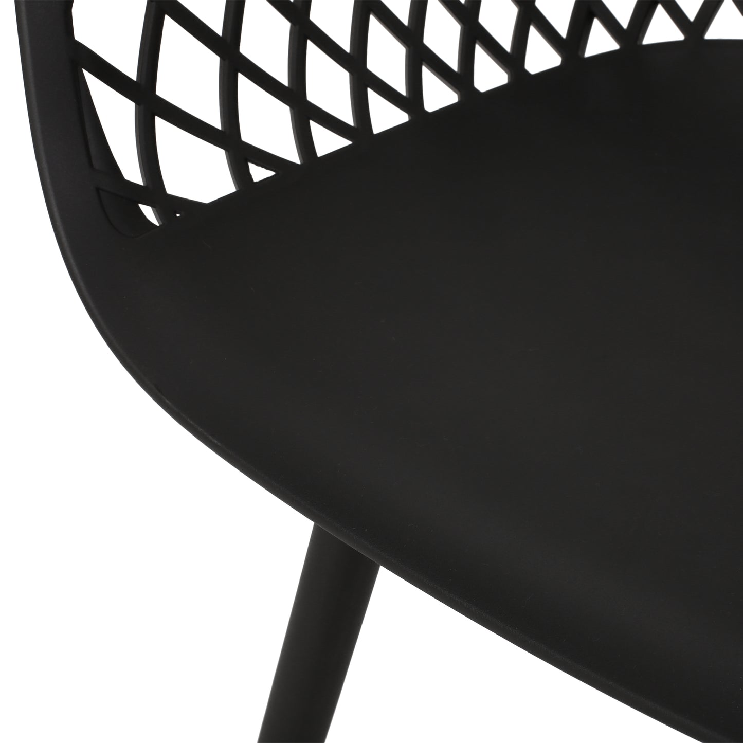 Black modern plastic dining chair with a woven seat design and slim legs for contemporary kitchens