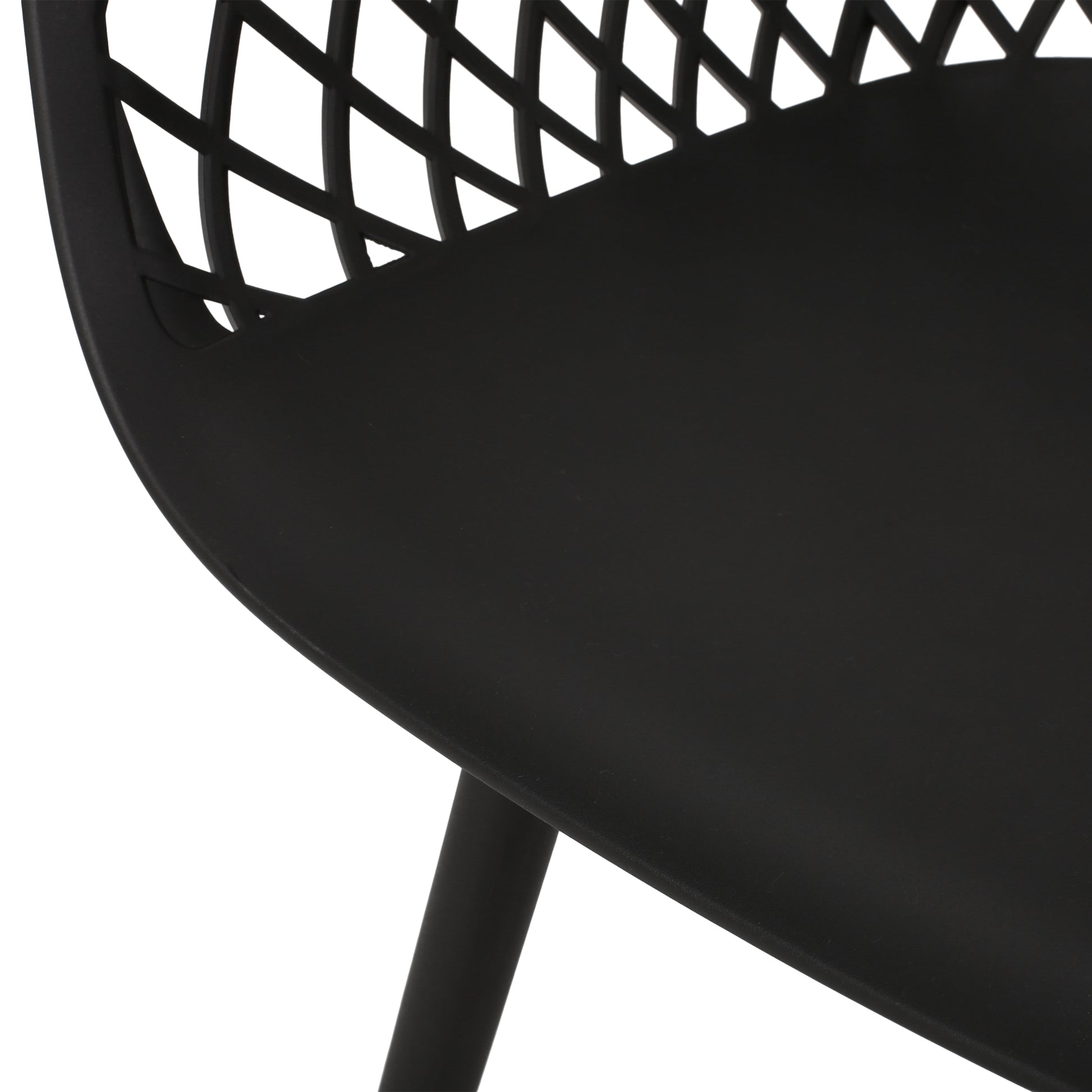 Black modern plastic dining chair with a woven seat design and slim legs for contemporary kitchens