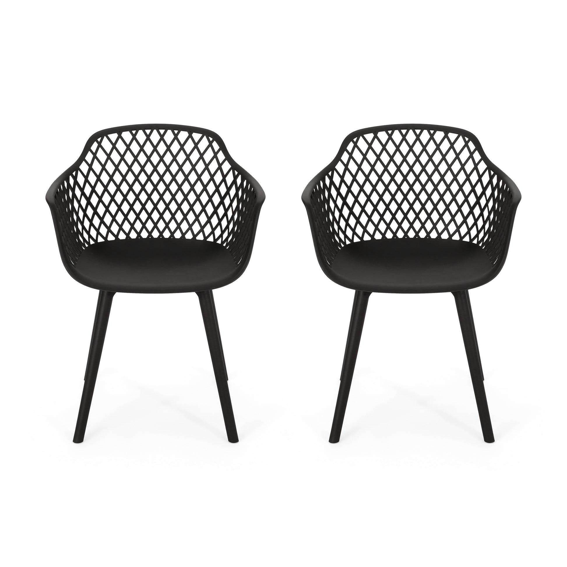 Two black modern armchairs with diamondpatterned backs