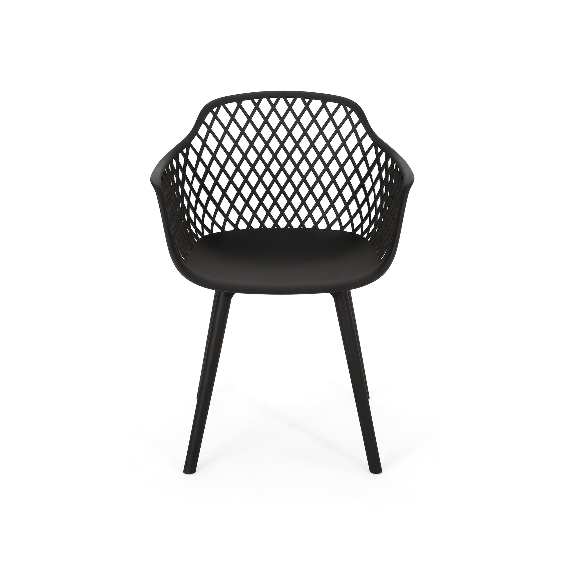 Modern black plastic dining chair with open diamondshaped back