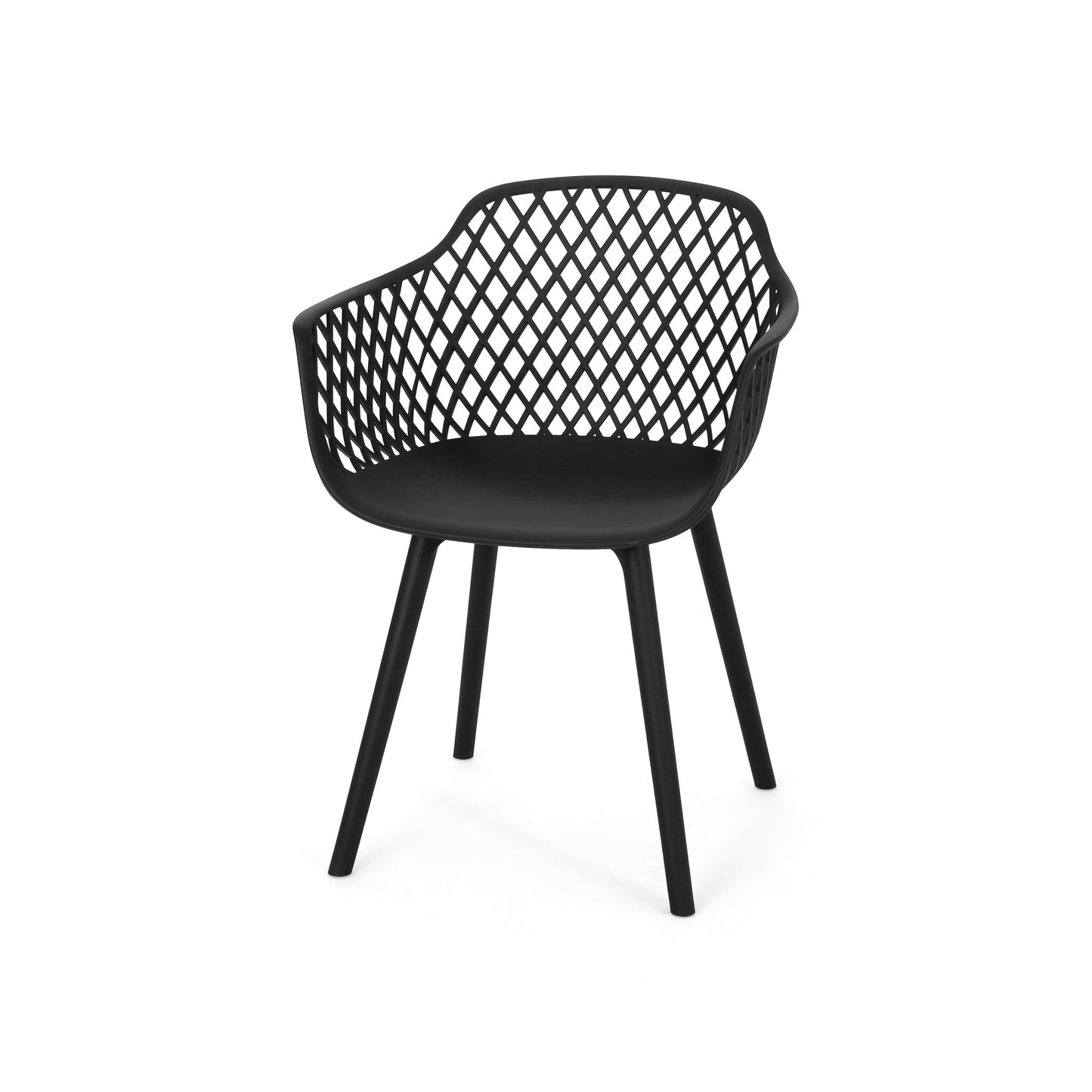 Modern black outdoor dining chair with open lattice backrest and slender legs