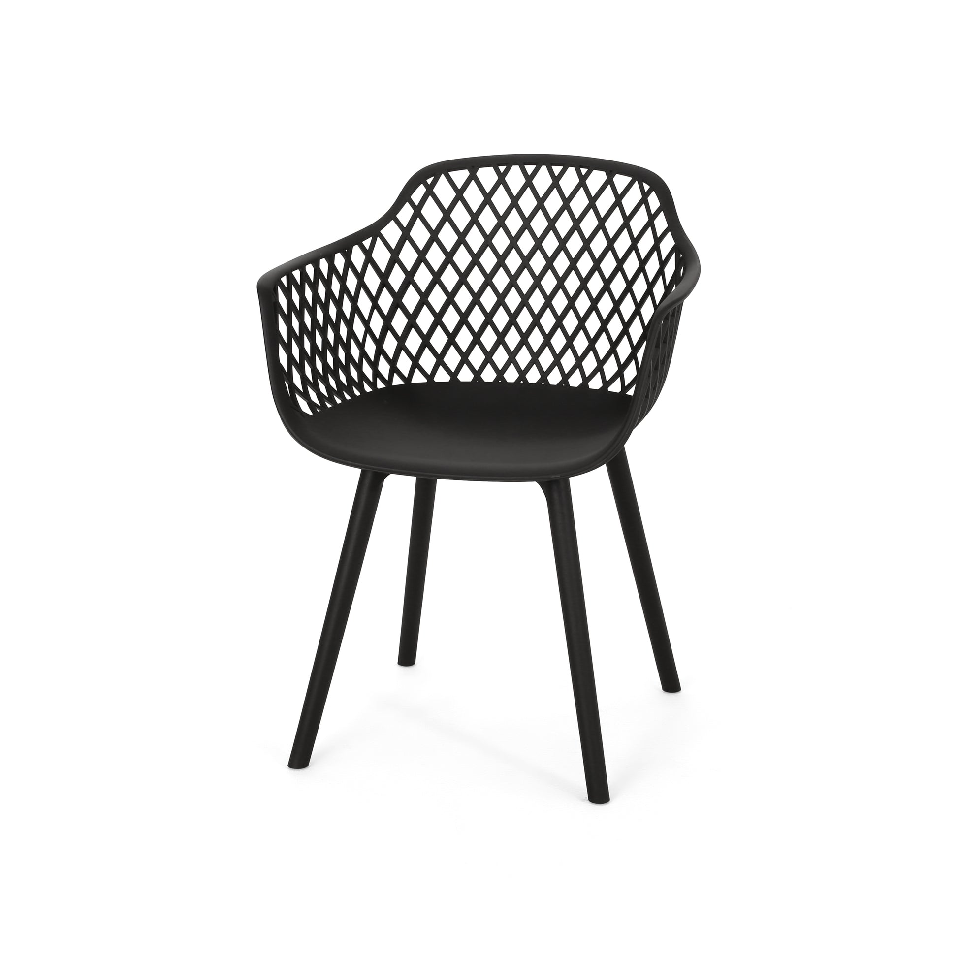 Modern black outdoor dining chair with open lattice backrest and slender legs