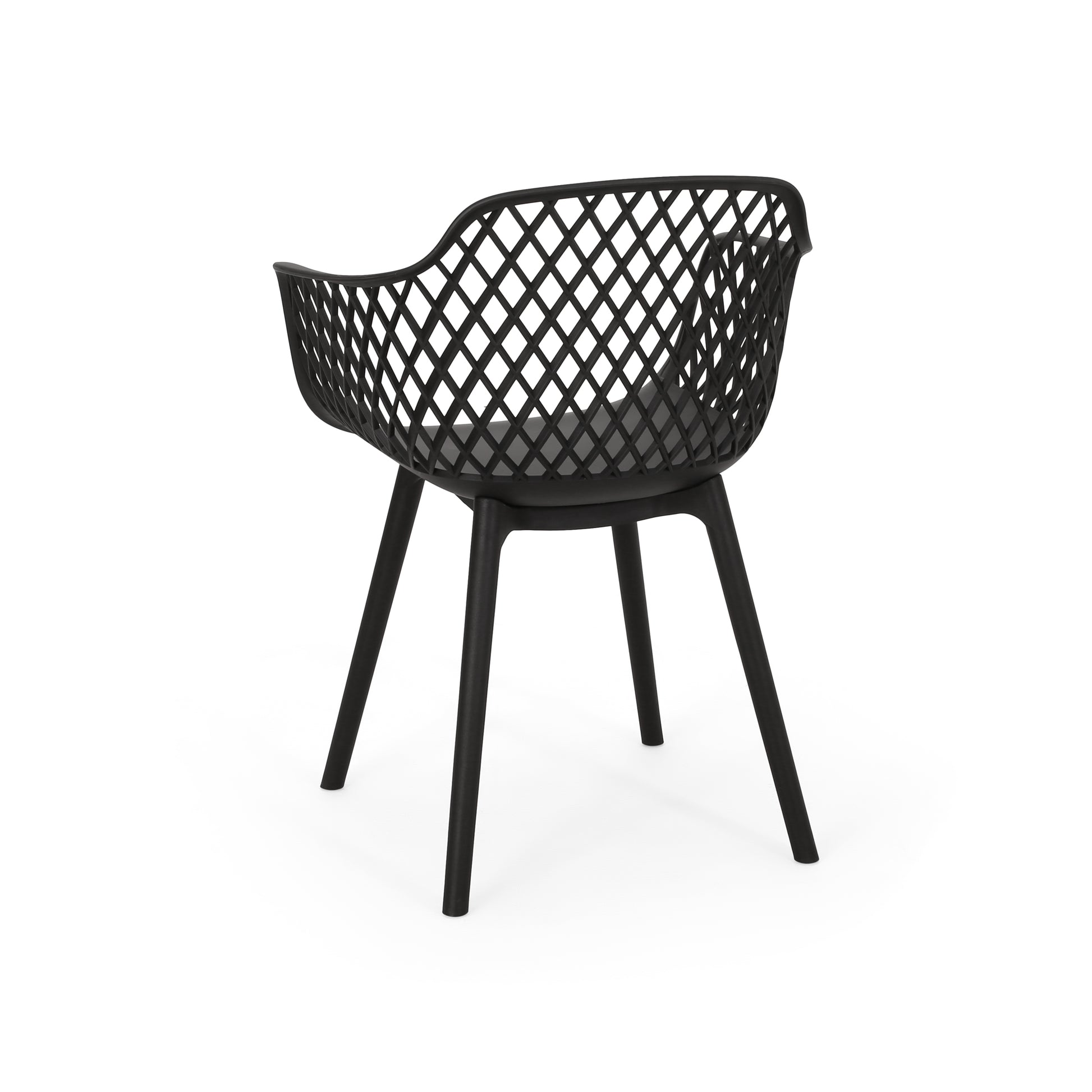 Black diamond pattern plastic patio chair with grey seat cushion
