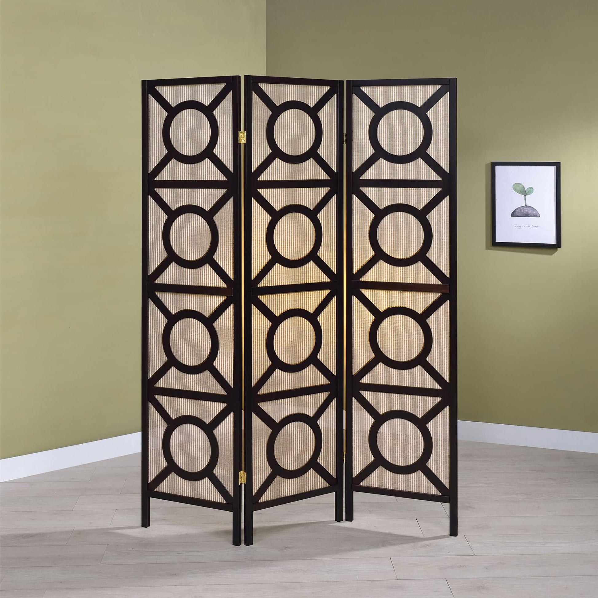 Dark wood room divider with geometric pattern and woven panels