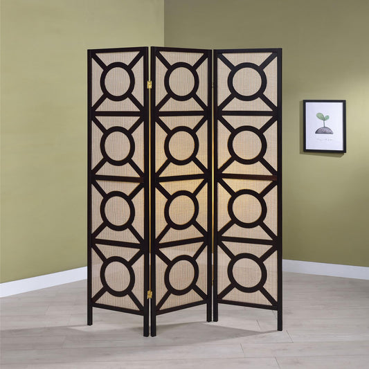 Dark wood room divider with geometric pattern and woven panels