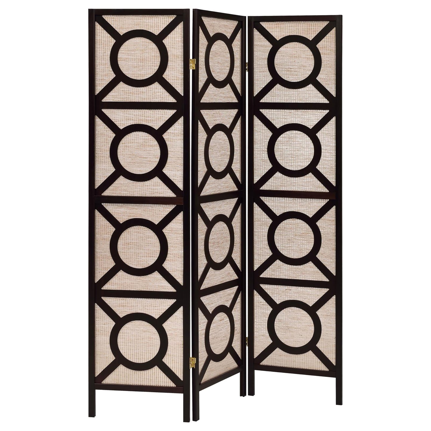 Dark wood room divider with woven panels and geometric circle cutouts